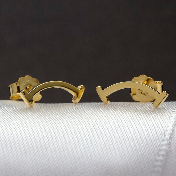 Small Curved Gold Bar Stud Earrings, Stamped 925, Lightweight Minimalist Studs - Picture 1 of 6